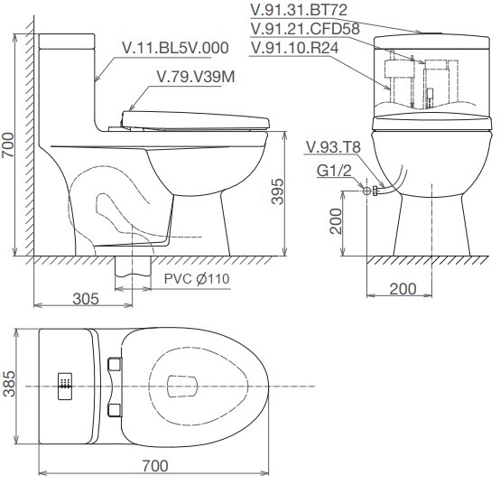 Bản vẽ bệ xí bệt BL 5 Viglacera 1 khối