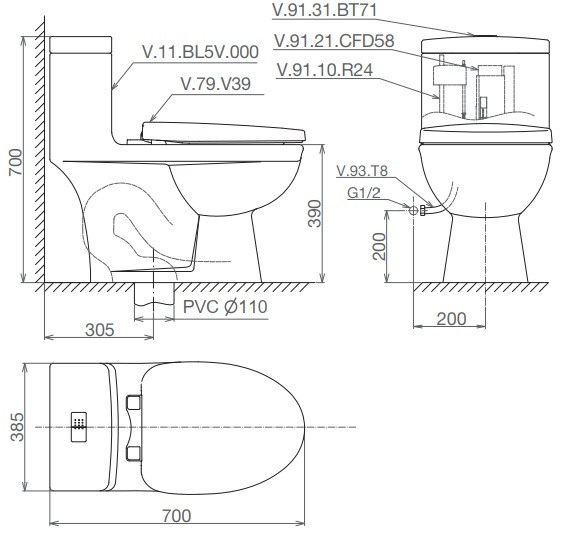 Bản vẽ bệ xí bệt BL5V Viglacera 1 khối