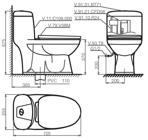 Bản vẽ bệ xí bệt C109 Viglacera 1 khối