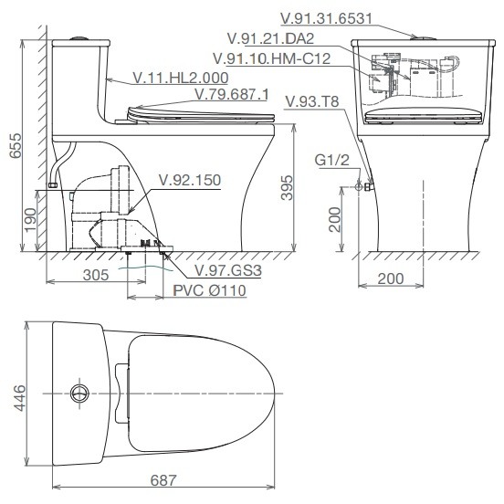 Bản vẽ kích thước bồn cầu HL2 Nano Titan Viglacera