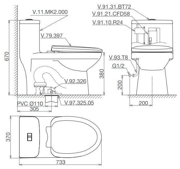 Bản vẽ kích thước bồn cầu MK2 Viglacera 1 khối