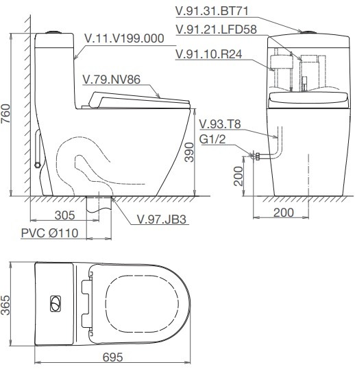 Bản vẽ bệ xí bệt VI99 Viglacera 1 khối