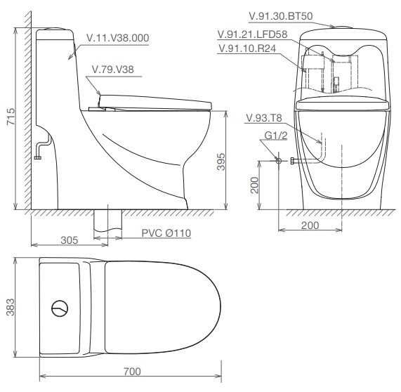 Bản vẽ bệ xí bệt Viglacera V38 1 khối