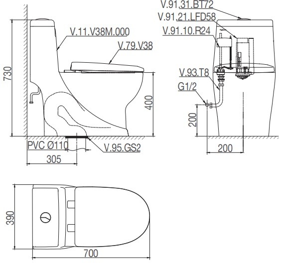 Bản vẽ bệ xí bệt Viglacera V38M 1 khối