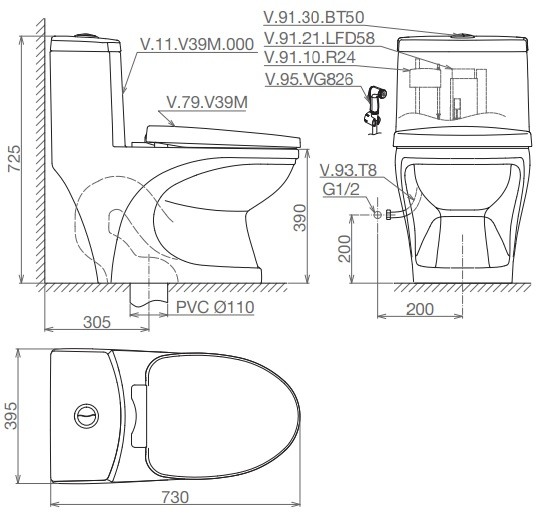 Bản vẽ bệ xí bệt V39 Viglacera 1 khối