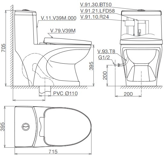 Bản vẽ bệ xí bệt V39M Viglacera 1 khối