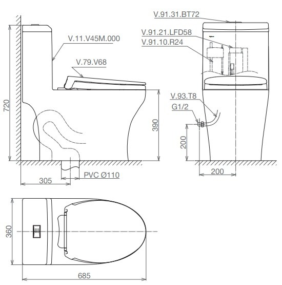 Bản vẽ bệ xí bệt V45 Viglacera 1 khối