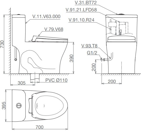 Bản vẽ xí bệt Viglacera V63 liền khối