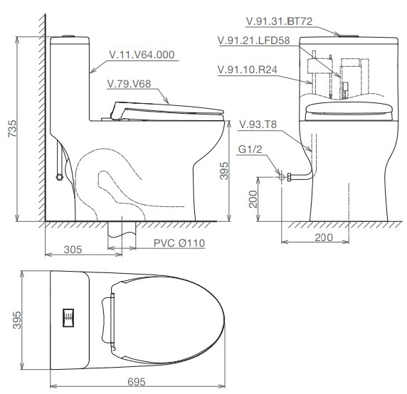 Bản vẽ bệ xí bệt Viglacera V64 1 khối