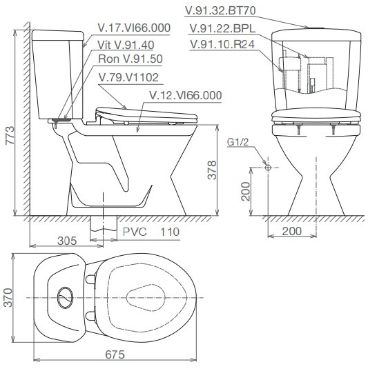 Bản vẽ bệ xí bệt Vl66 Viglacera 2 khối