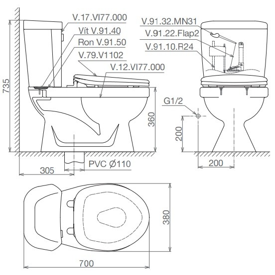 Bản vẽ bệ xí bệt Viglacera Vl77 2 khối