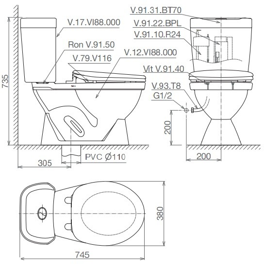 Bản vẽ bệ xí bệt Vl88 Viglacera 2 khối