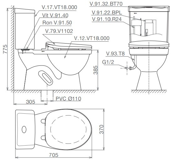 Bản vẽ bệ xí bệt VTl18 Viglacera 2 khối