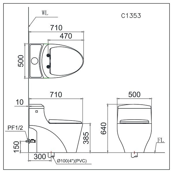 Bản vẽ kích thước bồn cầu nắp rửa cơ Caesar C1353 TAF060