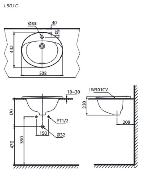 Bản vẽ bồn rửa mặt lavabo TOTO L501C