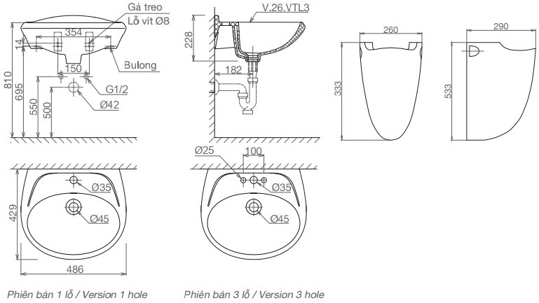 Bản vẽ kỹ thuật chậu rửa mặt VTL3 VI5 Viglacera