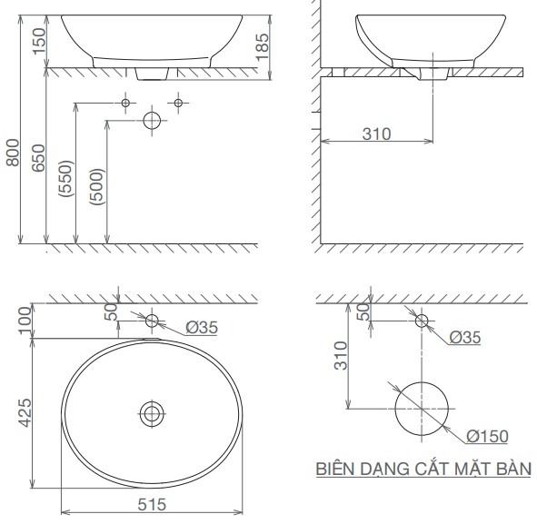 Bản vẽ kích thước chậu rửa mặt Viglacera BS415