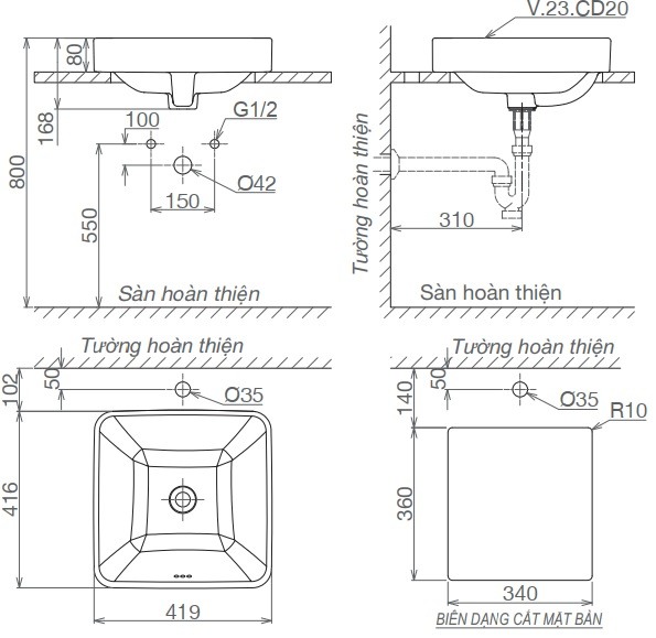 Bản vẽ kỹ thuật chậu rửa mặt CD20 Viglacera