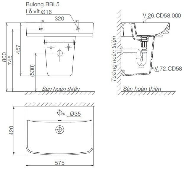 Bản vẽ kích thước lavabo Viglacera V58