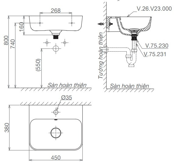 Bản vẽ kích thước lavabo V23 Viglacera