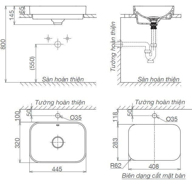 Bản vẽ chậu lavabo Viglacera V 27 đặt bàn