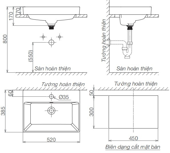 Bản vẽ chậu lavabo Viglacera V 29 đặt bàn