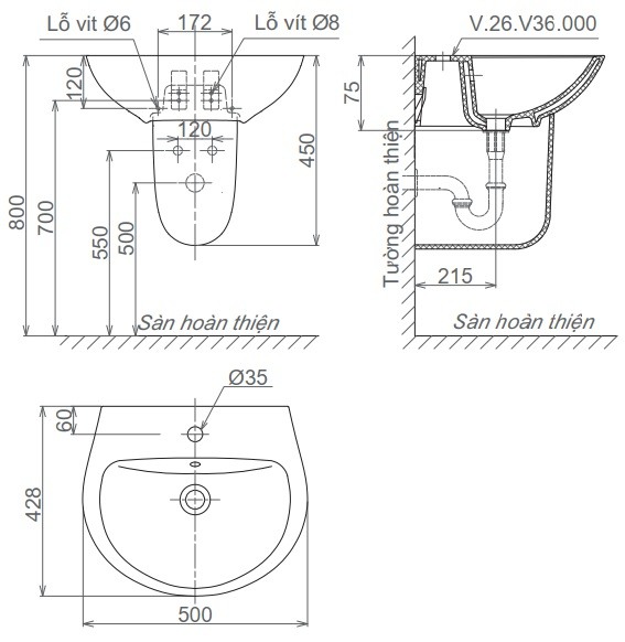 Bản vẽ chậu rửa mặt V36 Viglacera