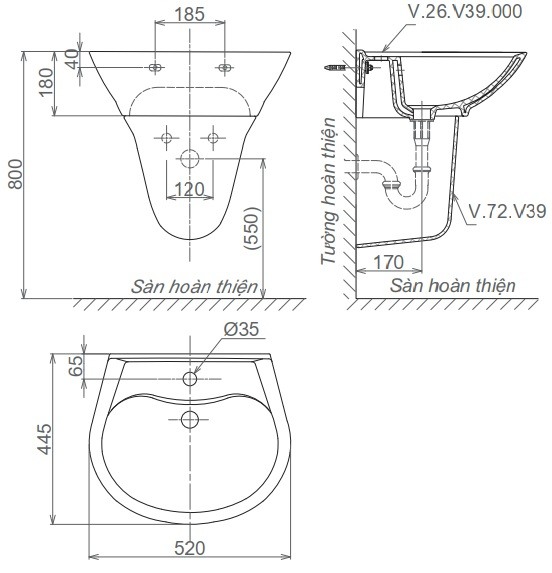 Bản vẽ kích thước chậu rửa mặt V39 Viglacera treo tường