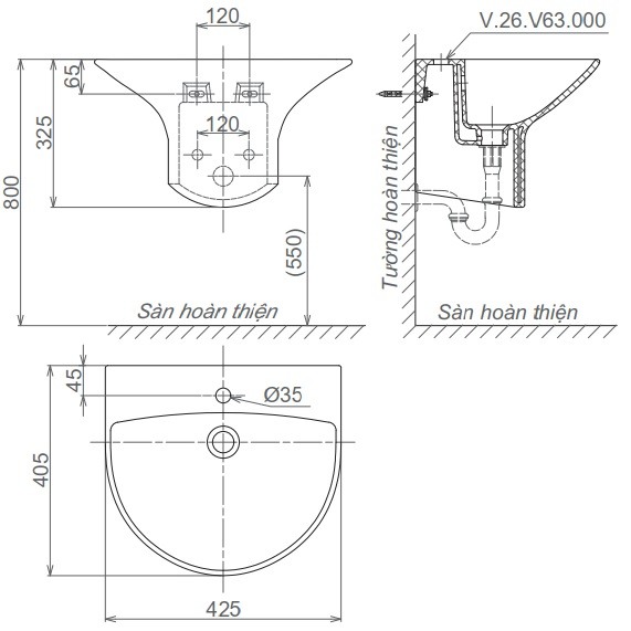 Bản vẽ kích thước chậu rửa liền chân Viglacera V 63