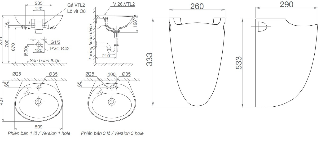 Bản vẽ chậu rửa lavabo Viglacera VTL2/BS503