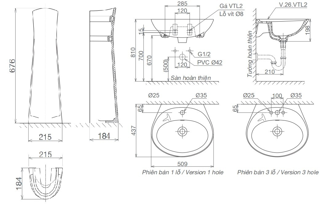 Bản vẽ lavabo Viglacera VTL2/VI1T chân dài