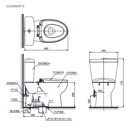 bản vẽ kỹ thuật bồn cầu TOTO CS300DRT3 - Xí bệt bàn cầu vệ sinh 2 khối nắp TC385VS