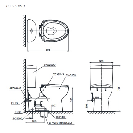 bản vẽ bồn cầu TOTO CS325DRT3 thùng nước S3250