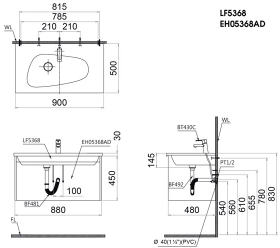 Bộ Tủ Lavabo Caesar Treo Tường LF5368/EH05368AD