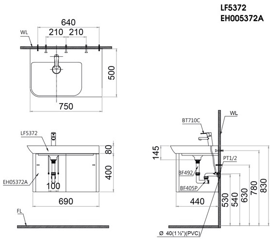 Bộ Tủ Lavabo Caesar Treo Tường LF5372/EH05372A